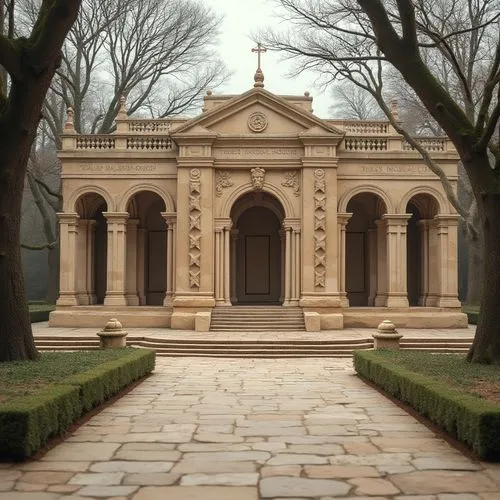 Sandstone, memorial center, grand entrance, stone columns, carved patterns, solemn atmosphere, natural lighting, subtle shadows, majestic architecture, symmetrical composition, warm beige color tone, 