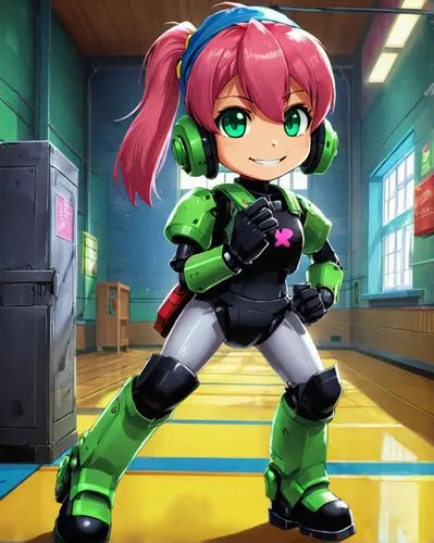 a woman standing in a warehouse, holding a gun,kuribayashi,meka,kallen,sonika,umr,rakoto,Unique,Pixel,Pixel 05