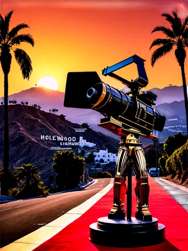 hollywood,film industry,hollywood sign,movie camera,theodolite,oscars,beverly hills,griffith observatory,ann margarett-hollywood,mission to mars,cinematographer,movie star,filmmaker,600mm,searchlights,telescopes,cinematography,hollywood actress,film producer,movie production,Illustration,Realistic Fantasy,Realistic Fantasy 46