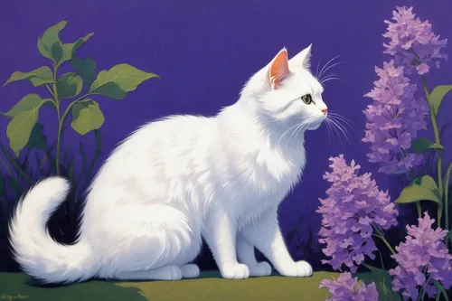 turkish angora,tommie crocus,japanese bobtail,turkish van,white cat,flower cat,american curl,lilac blossom,bluebell,felidae,kurilian bobtail,domestic cat,domestic long-haired cat,precious lilac,the lavender flower,lavandula,british longhair cat,lupine,capricorn kitz,the purple-and-white,Art,Classical Oil Painting,Classical Oil Painting 14