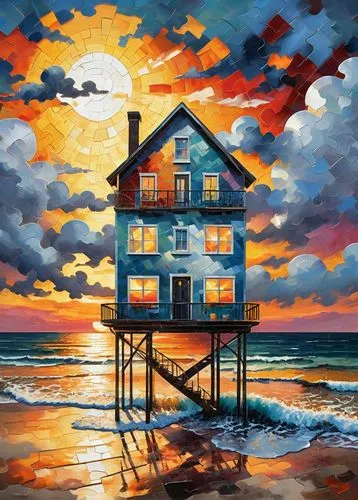 sunset  in the clouds, house on the beach, grim widow in the clouds, jigsaw puzzle, mosaic colors,fisherman's house,house by the water,house with lake,house painting,house of the sea,summer cottage,be