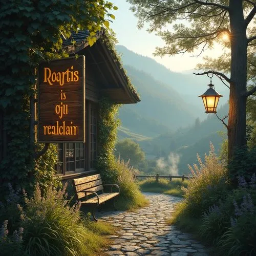 Mountainous landscape, pub regionalism design, rustic wooden sign, vines crawling up, misty atmosphere, morning dew, sun peeking through trees, rolling hills, lush greenery, wildflowers blooming, wind