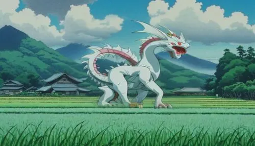 huge white chinese dragon, 90s retro anime style, studio ghibli, fantasy dragon,dragon of earth,forest dragon,nine-tailed,wyrm,chinese dragon,green dragon,dragon,cynorhodon,dragon slayer,golden dragon