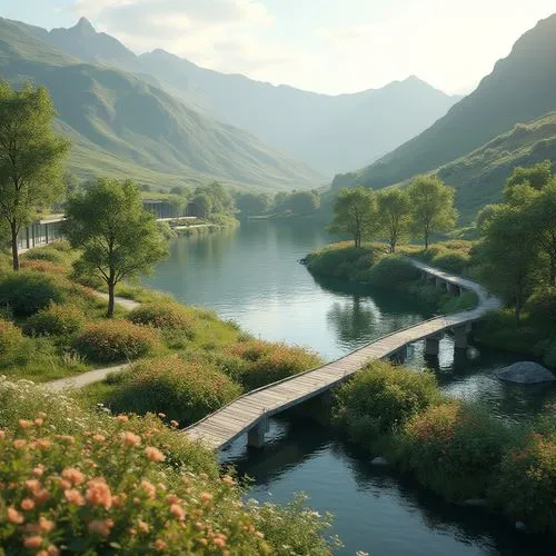 river landscape,oberland,salt meadow landscape,idyll,the valley of flowers,landscape background,meadow landscape,alpine landscape,rendalen,river bank,fantasy landscape,beautiful landscape,bernese highlands,idyllic,mountain valley,riverbank,beauty scene,gondolin,meadow,green valley,Photography,General,Realistic