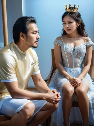 King and Queen alone together for a first time.,a man and a woman dressed up as bride and groom,lakorn,pangeran,eurasians,kazakhs,pakorn,quinceaneras,Photography,General,Realistic