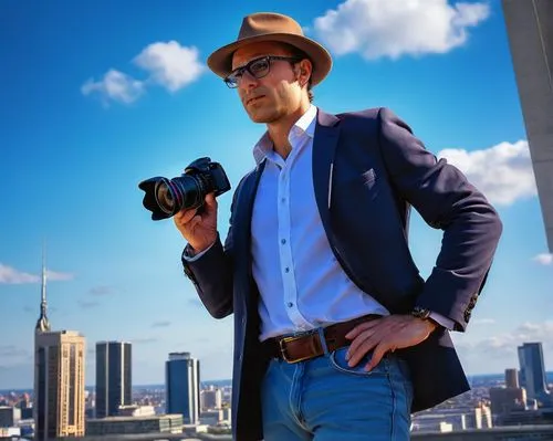 male, mature photographer, holding camera, wearing fedora hat, glasses, casual blazer, white shirt, dark jeans, brown boots, standing, leaning on, skyscraper, modern building, cityscape, urban landsca