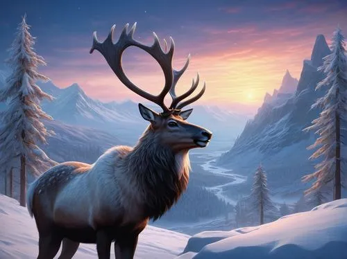 winter deer,elk,antlered,deer illustration,glowing antlers,blitzen,reindeer polar,rudolph,rudolf,reindeer from santa claus,red deer,whitetail,reindeer,european deer,winter background,christmas deer,christmas snowy background,santa claus with reindeer,caribou,barathea,Illustration,Realistic Fantasy,Realistic Fantasy 26