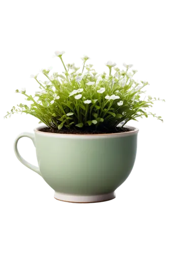 Vibrant green plant, leafy stems, rounded leaves, delicate petals, small white flowers, ceramic pot, soil with moss, morning dew, soft natural light, shallow depth of field, warm color tone, 3/4 compo