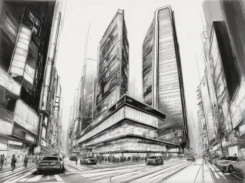 city scape,cybercity,arcology,unbuilt,tall buildings,highrises,skyscraping,ginza,coruscant,sketching,motorcity,cityscapes,yonge,shinjuku,cityzen,urban landscape,buildings,city buildings,shinbashi,gulch,Illustration,Black and White,Black and White 30