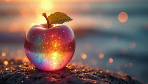 golden apple,colorful heart,bokeh effect,mystic light food photography,colorful light,piece of apple,Photography,General,Fantasy