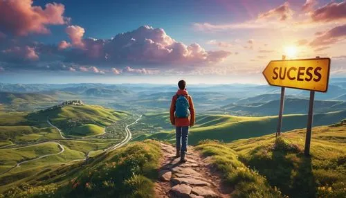 "A vivid, colorful, 3D hyper-realistic image of a person standing on a high hill, looking out over a vast landscape. The landscape is filled with winding paths and roads, each labeled with different s