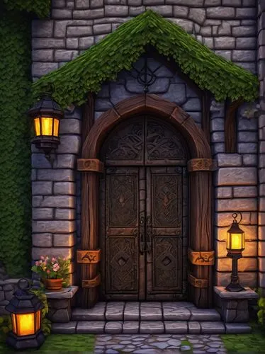 wooden door,doorways,tavern,stone gate,the threshold of the house,witch's house,front door,doorway,fairy door,house entrance,garden door,village gateway,apothecary,the door,wood gate,medieval street,halloween background,portal,inglenook,maplecroft,Illustration,Realistic Fantasy,Realistic Fantasy 41