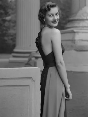 A lady from the 1940s in front of a classical column, smiling and flirting.,the beautiful woman is posing for a po,olivia de havilland,stanwyck,ingrid bergman,hayworth,myrna,garbo,Photography,Black an