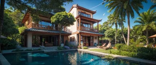 курорт,an outdoor swimming pool in front of a large brown house,holiday villa,pool house,tropical house,palmilla,anantara,amanresorts