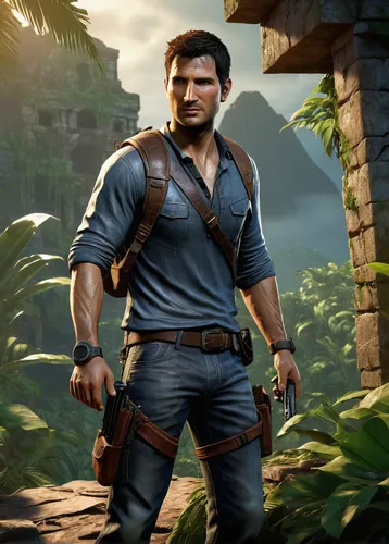 Nathan Drake character, action pose, treasure hunter outfit, leather holster, rugged jeans, climbing gloves, intense expression, ancient ruins, tropical island, lush vegetation, dynamic lighting, suns