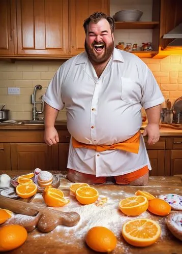 Comical fat man, big belly, white shirt, open buttons, revealing hairy chest, orange boxer shorts, slippers, funny facial expression, joyful atmosphere, kitchen setting, wooden table, flour-covered su