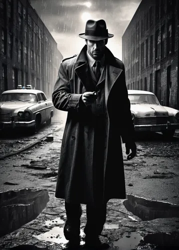 al capone,film noir,black city,private investigator,detective,overcoat,mobster,hitch,luther,holmes,mafia,investigator,godfather,bronx,kingpin,johnnycake,smoking man,hitchcock,inspector,rorschach,Illustration,Black and White,Black and White 11