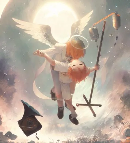 Una persona moribunda bailando con un ángel. La persona está agarrando un gotero .,avogado's "ritardando" rendering,flying girl,violinist violinist of the moon,falling star,heliosphere,dream world,ast