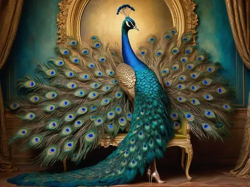 Humanoid peacock, standing proudly, vibrant blue-green plumage, intricate eye patterns, shimmering iridescent feathers, slender legs, high heels, elaborate hairpiece, flowing train, majestic posture, 