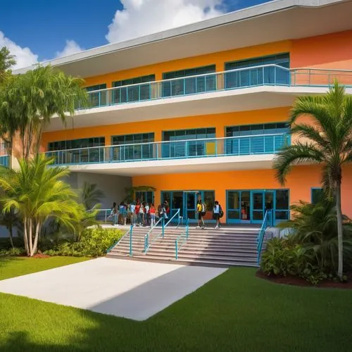 Senior high school, Miami FL, modern architectural design, sleek lines, minimalist structure, vibrant colors, tropical plants, palm trees, bright blue skies, sunny weather, students walking, backpacks