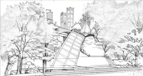 Urban space, fountain in center,ski jump,ski jumping,chinese architecture,archidaily,japanese architecture,halfpipe,concept art,asian architecture,disney hall,embankment,school design,kirrarchitecture