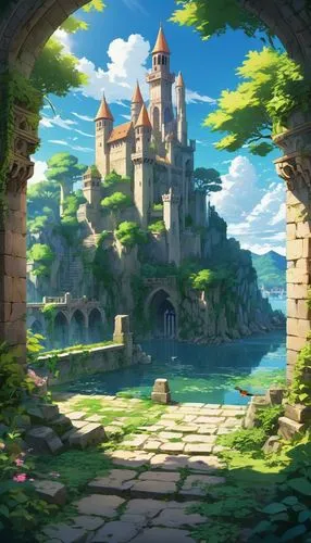 fairy tale castle,alfheim,knight's castle,castletroy,cartoon video game background,castlelike,Illustration,Japanese style,Japanese Style 03