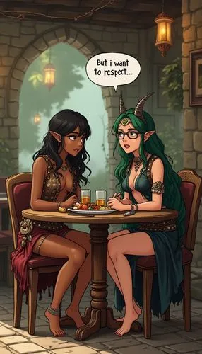 gnomes at table,innkeeper,sorceresses,tavern,irish pub,women at cafe,gnome and roulette table,romantic dinner,roleplaying,halflings,girl talk,patrons,game illustration,rathskeller,romantic meeting,damsels,bards,gossiping,barmaids,bechdel