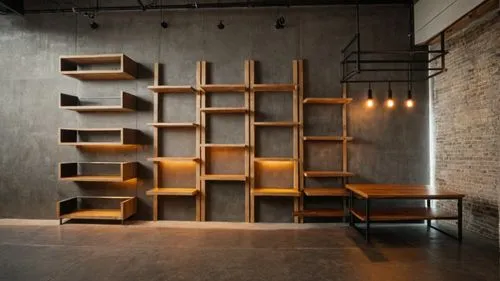 several shelves in a room with brick wall and wooden shelfs on the wall,shelving,shelves,bookcases,bookcase,associati,bookshelves,Photography,General,Cinematic