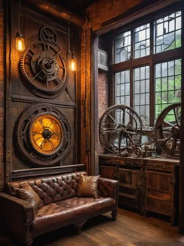 steampunk gears,steampunk,interior decor,art nouveau frames,ships wheel,antiqued,ship's wheel,engine room,antiquorum,sitting room,antique furniture,ornate room,furnishings,grandfather clock,antique style,victorian room,clockworks,antiquaires,farthings,stargates,Illustration,Black and White,Black and White 28