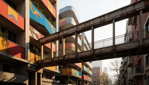 Vibrant pedestrian bridge, irregular shapes, fragmented forms, deconstructivist architecture, bold color schemes, eclectic materials, juxtaposed textures, rusted steel beams, exposed ductwork, cantile