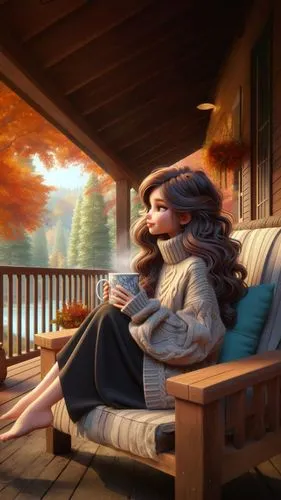 a woman sitting on a wooden bench while holding a cup,warmth,autumn idyll,romantic scene,warm and cozy,one autumn afternoon,autumn background