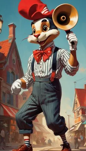 musical rodent,pinocchio,geppetto,surströmming,mainzelmännchen,pubg mascot,conductor,trumpet folyondár,mayor,chef,szymbark,cangaroo,waiter,banjo bolt,bellboy,banjo,pandero jarocho,mario,bizcochito,the pied piper of hamelin,Conceptual Art,Oil color,Oil Color 04