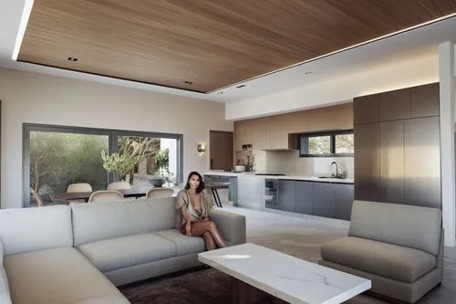 mantener los materiales originales y hacerlos mas realistas,a woman is sitting on the sofa in the living room,modern living room,interior modern design,penthouses,modern kitchen interior,luxury home i