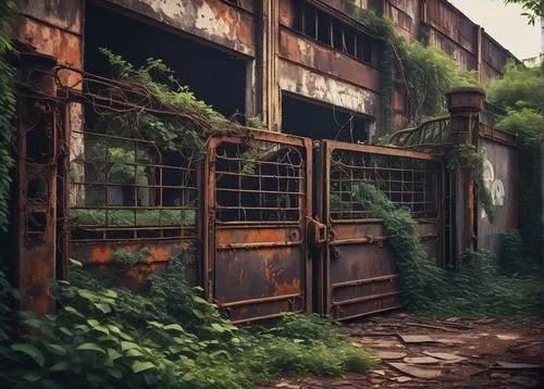 Abandoned architectural salvage yard, rusty gates, old factory background, scattered broken bricks, worn wooden planks, discarded machinery parts, vintage metal signs, overgrown weeds, tangled vines, 