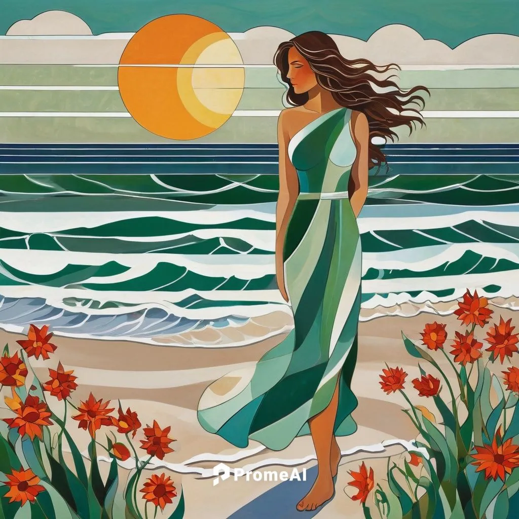 a woman with long, wavy brown hair and piercing green eyes stands on a beach, her feet frozen in time. The ocean waves crash against the shore, and the sunshine filters through the flowers. Seagulls c