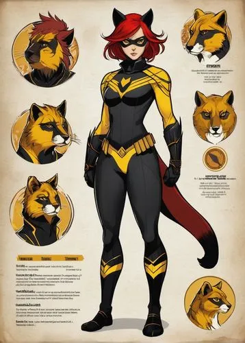 A female superhero, slender, fair skin, red hair, color: black and yellow, comic style art,vixen,magan,shadowcat,starfires,kryptarum-the bumble bee,carmelita,superwasp,salvadora,carmela,wasp,tigra,fir