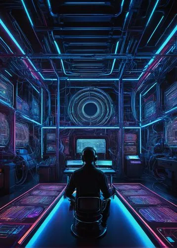 ufo interior,computer room,spaceship interior,tron,cyberscene,cyberpunk,cyberia,blue room,cyberspace,cyberview,cyber,digitalism,cyberworld,cyberian,3d background,futuristic,synth,technophobia,cyberpatrol,cybersmith,Illustration,Abstract Fantasy,Abstract Fantasy 21