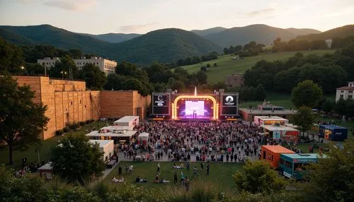 Vibrant music venue, outdoor amphitheater, lush greenery, rolling hills, natural stone walls, wooden stages, colorful festival lights, dynamic sound systems, eclectic art installations, trendy food tr