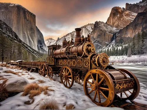 old wagon train,stagecoach,wooden carriage,wooden train,wooden wagon,yosemite park,train wagon,covered wagon,steam engine,american frontier,yosemite,carriages,yosemite national park,old train,steam locomotive,yosemite valley,merchant train,carriage,steam train,ghost locomotive,Illustration,Realistic Fantasy,Realistic Fantasy 13