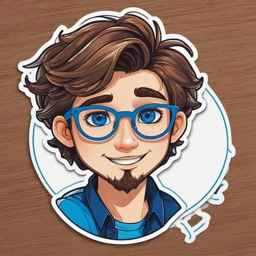 generate me the sticker of a boy with a thin face, shoulder-length brown hair flowing backwards, blue eyes with a trimmed beard and round glasses





,a sticker with a picture of the young hipster ma