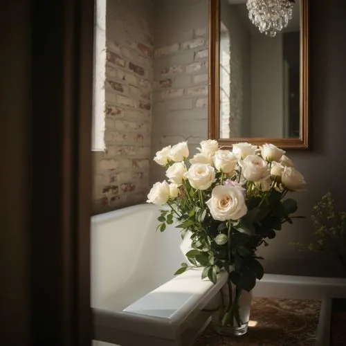 the vase of roses is sitting on a bench,rose arrangement,roses frame,white roses,bath room,luxury bathroom,beauty room