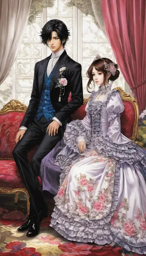 victorian fashion,victorian style,the victorian era,victorian lady,romance novel,prince and princess,young couple,victorian,gentlemanly,napoleon iii style,gothic portrait,wedding couple,game illustration,rose family,anime japanese clothing,imperial period regarding,romantic portrait,man and wife,aristocrat,doll's house,Illustration,Japanese style,Japanese Style 18