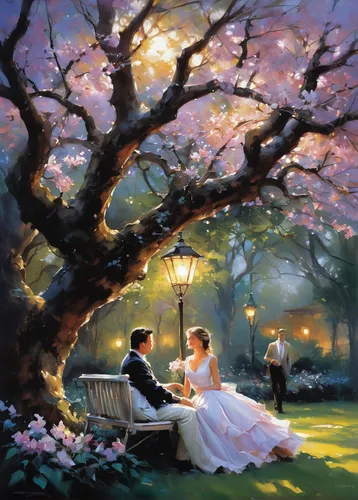 romantic scene,cherry tree,the cherry blossoms,cherry trees,romantic night,japanese cherry trees,cherry blossom tree,sakura cherry tree,romantic portrait,evening atmosphere,romantic dinner,lilac tree,serenade,idyll,cherry blossoms,romantic,cherry blossom,a fairy tale,wedding banquet,wedding couple,Conceptual Art,Oil color,Oil Color 03