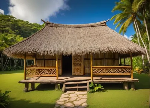 Fijian hut, thatched roof, woven bamboo walls, wooden pillars, intricate carvings, colorful tapa cloth, tropical island, sunny day, palm trees swaying gently, bright blue sky, white puffy clouds, lush