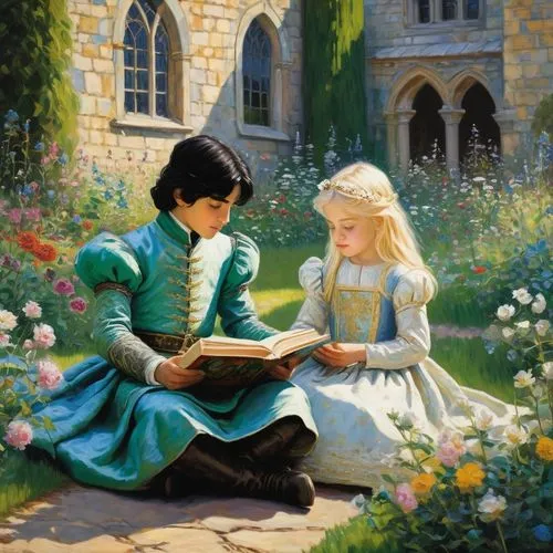 a fairy tale,fairy tale,storybook,children studying,serenade,fairytales,fairytale,tutor,idyll,young couple,fantasy picture,picking flowers,fairytale characters,lectura,cinderella,flower painting,storybooks,romantic scene,fairy tale character,princedoms,Art,Artistic Painting,Artistic Painting 04