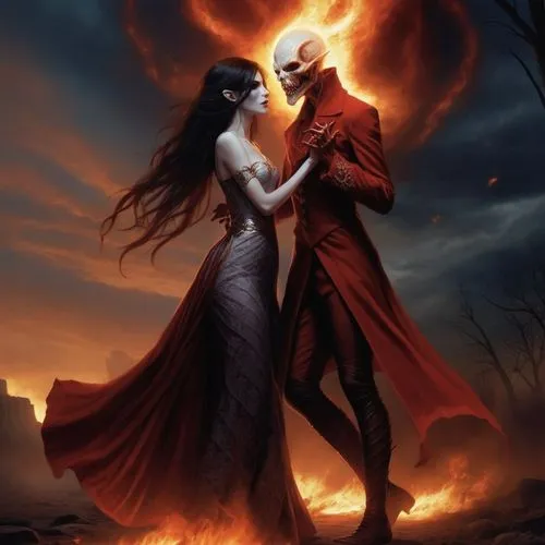 a couple in dress are standing in front of an evil demon,infernal,vampyres,heaven and hell,fantasy picture,aflame,garamantes,Conceptual Art,Fantasy,Fantasy 29