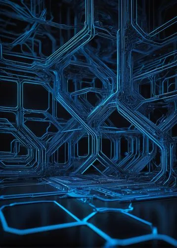 Modern neural network architecture, ResNet-50, 3D visualization, futuristic circuit board, intricate connections, glowing blue lines, complex structure, layered framework, deep learning concept, compu