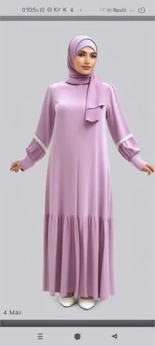 3d fashion drawing of women mauve dress fashion Muslim hijab with the pelisee and pleats on the end of dress with mauve  by 4k,a woman in a lila dress with white shoes,hijaber,lenderman,jilbab,3d mode