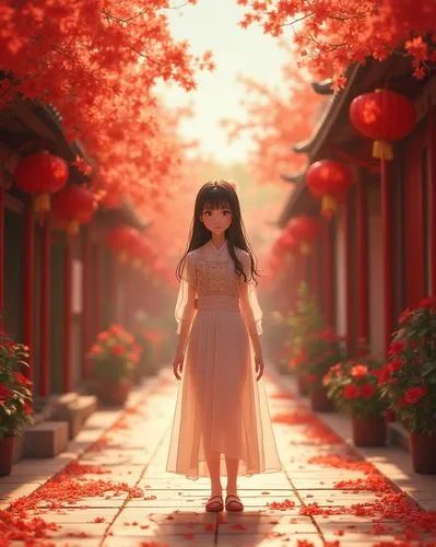 girl stands in a red flower surrounded street, in the style of chinese cultural themes, romantic and nostalgic themes, panasonic lumix s pro 50mm f/1. 4, light white and light amber, transparent/trans