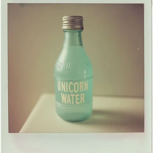 pastel-colored "UNICORN WATER" bottle,a bottle of unicorn water sits on a table,licorne,water bottle,ektachrome,isolated bottle,mineral water,uncooled,message in a bottle,greenwater,drinkable,mouthwas